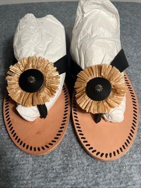 Jack Rogers Black Leather Sandals with Raffia Medallion